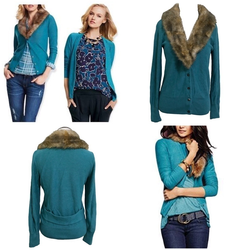 Cabi Tearoom 5 Button Cardigan In Teal Removable Faux Fur Collar #3018 Medium
